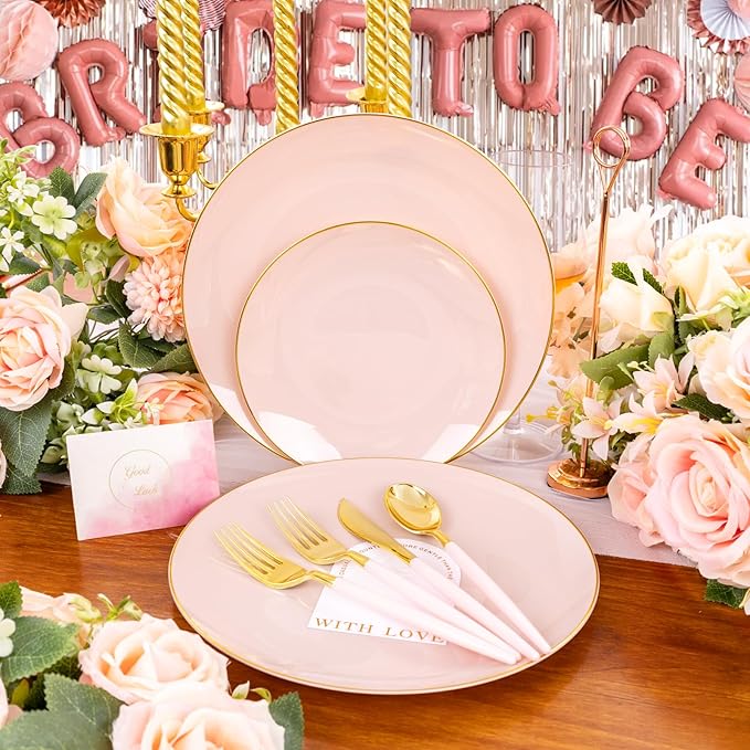 Liacere 150PCS Plastic Plates-Gold Plastic Silverware with Pink Handle - Pink Disposable Plates Include 30 Guests Plates, Forks, Spoons, Knives for Wedding＆Easter Day＆Mother's Day＆Valentine's Day