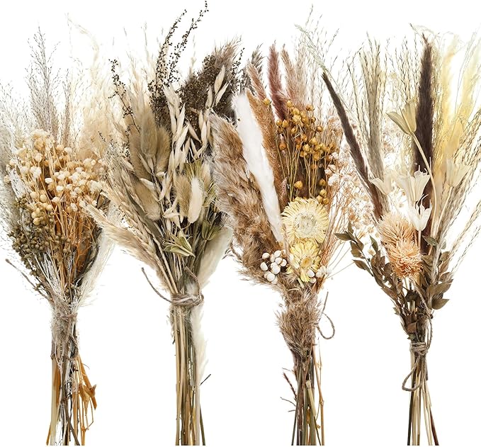 Layhit 4 Pack Large Size Boho Dried Flower Bouquet 15-17 Inch Wedding Handmade Dry Flowers for Vase Crafts DIY Photo Boutonniere for Men Floral Plant for Bridesmaid Gift Birthday Decor(Classic)