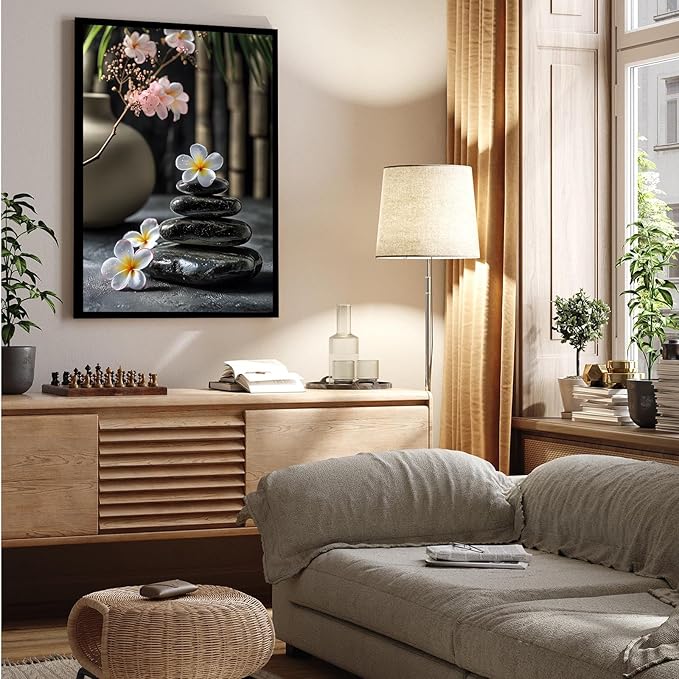A harmonious black stone stack paired with white and pink flowers bamboo and ceramic vases creates a tranquil Zen decor for minimalist homes and mindful spaces 16x24in Metal blackFramed