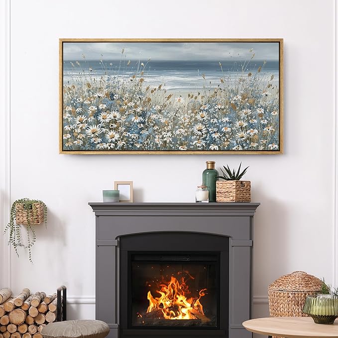 SIGNFORD Extra Large Framed Canvas Print Wall Art Coastal Wildflowers Beach Meadow Landscape llustrations Modern Art Relax/Calm Warm for Living Room, Bedroom, Office - 60"x30"