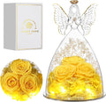 Christmas Rose Gifts for Women Preserved Real Flower in Glass Angel Figurines Roses for Delivery Prime Birthday Gifts for Mom Grandma Girlfriend Wife Her, Yellow