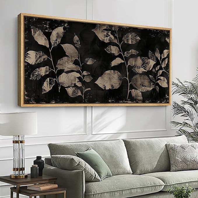 SIGNFORD Extra Large Framed Canvas Print Wall Art Modern Noir Leaves Monochrome Botanical Shadows Illustrations Modern Art Calm Warm for Living Room, Bedroom, Office - 60"x30"
