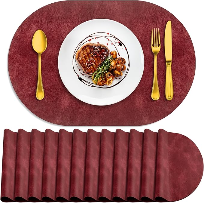 ADRIMER Placemats, Heat Resistant Oval Placemats Set of 12 Washable 12 x 17 Inch, Waterproof Table Mats, Wipeable Pu Place Mats for Kitchen, Dining Room, Wine Red
