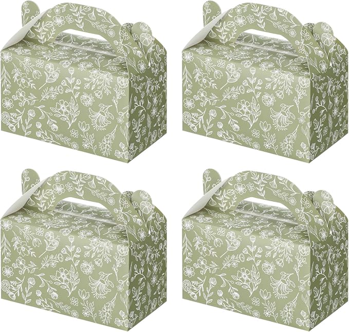 Dunzoom 24 Pack Green Floral Paper Gift Boxes Party Favor Gift Gable Boxes with Chinoiserie Floral Printed Candy Treat Box for Wedding Birthday Tea Bridal Shower Party
