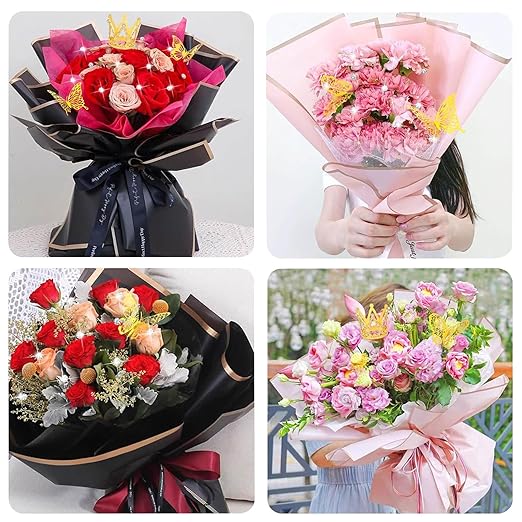 Woohome 152 PCS Flower Bouquet Wrapping Paper Floral Wrap Sheets Gift Packaging Paper with 3D Butterflies Diamond Pins Ribbons for Wedding Valentines Florist Supplies, Black