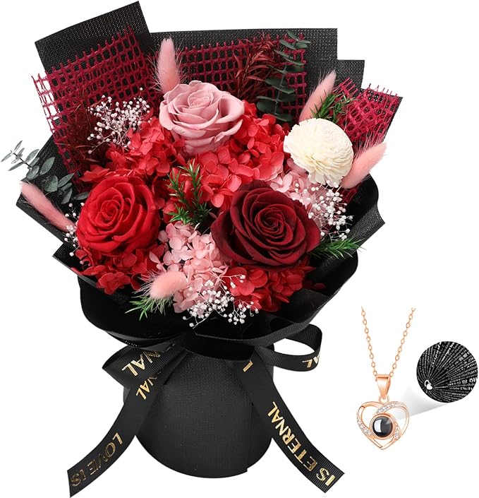 Preserved Flowers for Delivery, Red Flower Bouquets with Necklace, Forever Real Roses Anniversary Birthday Gifts for Women Mom Wife Girlfriend, Fresh Flowers for Valentines Day Christmas