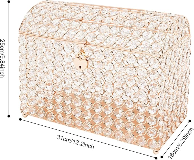 Crystal Wedding Card Box With Heart Lock, Gold Crystal Treasure Chest Money Card Gift Decorative Memory Box for Wedding Birthday Graduation Party