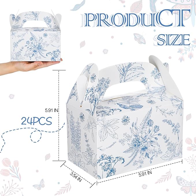 Dunzoom 24 Pack Blue Floral Paper Gift Boxes Party Favor Gift Gable Boxes with Chinoiserie Floral Printed Candy Treat Box for Wedding Birthday Tea Bridal Shower Party