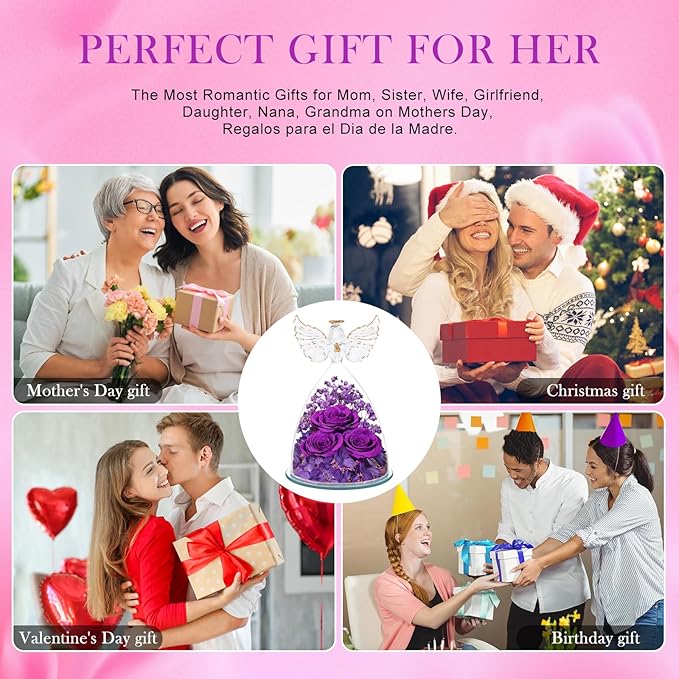 Preserved Flower Rose Gifts for Women, Forever Eternal Fresh Flowers in Glass Angel Figurines Flowers for Delivery Prime Purple Roses for Grandma Mom Sister Her Wife on Mothers Day Birthday Christmas