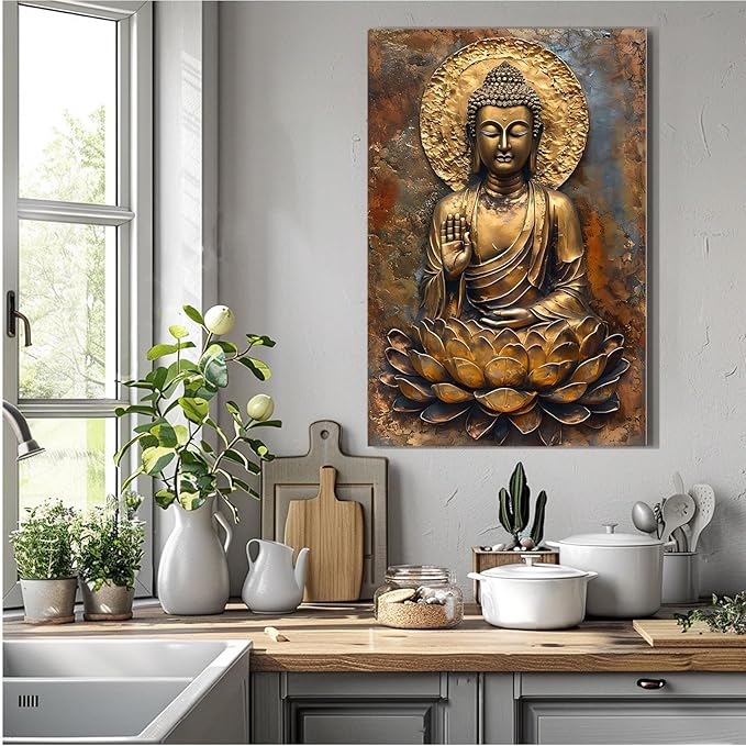 Buddha Wall Art Golden Buddha in Lotus Seat Serene spiritual statue radiant aura Meditation and mindfulness wall art suitable for sacred spaces 8x12in Frameless