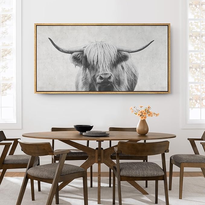 SIGNFORD Extra Large Framed Canvas Print Wall Art Highland Gentleman Portrait of a Highland Cow Illustrations Modern Art Relax/Calm Warm for Living Room, Bedroom, Office - 60"x30"