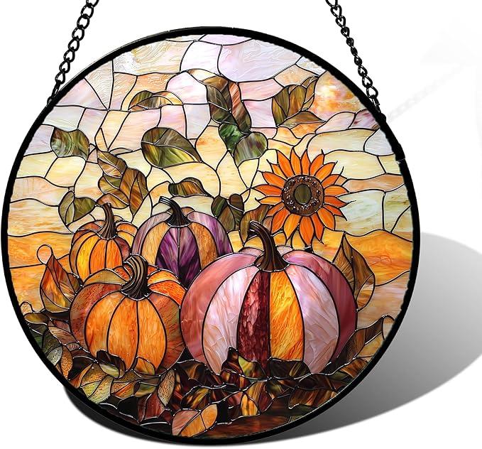 Stained Glass Window Hanging, Pumpkin Sunflower Suncatcher Diamond Glass Panel Sun Catchers Decor for Birthday for Women, Men, Wife, Aunt, and Mom 9.8 in
