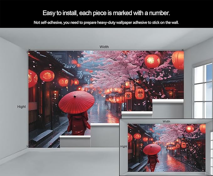 Japanese Street Wall Mural, Cherry Blossom Lantern Scene 3D Wall Murals, Romantic Rainy Evening Japan Wallpaper Mural, for Living Room Bedroom Large Wallpaper Indoor Decor 137.8" W x100 H