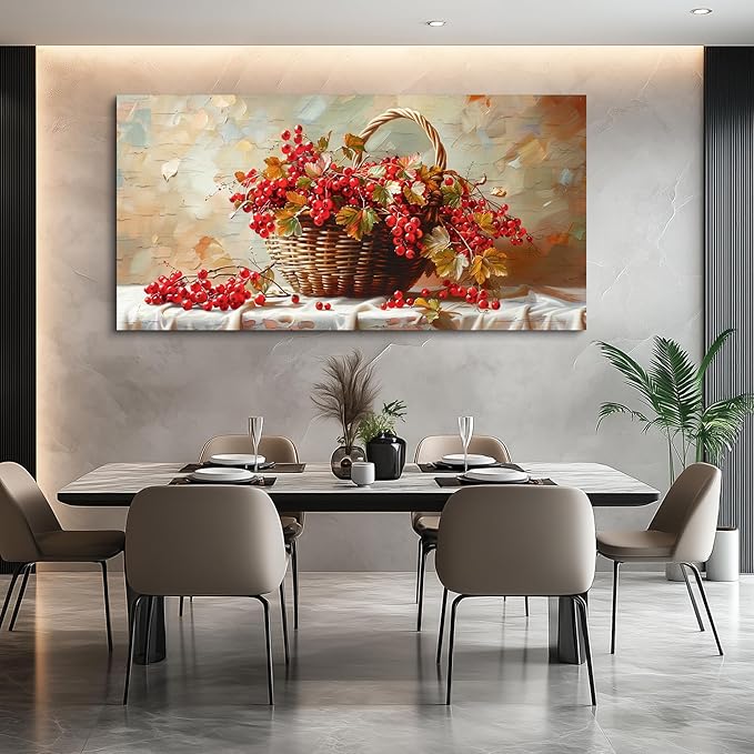 hyidecorart Rustic Dining Room Artwork For Walls Large Canvas Print Wall Art Still Life Bamboo Basket And Fruit Vintage Wall Decor Pictures For Living Room Farmhouse Kitchen Bar Office Posters 24x48