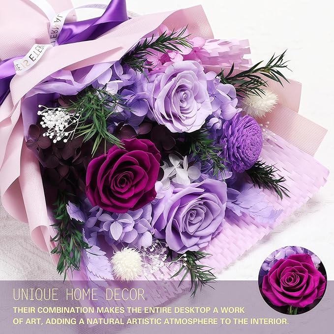 Preserved Flowers for Delivery, Purple Flower Bouquets with Necklace, Forever Real Roses Anniversary Birthday Gifts for Women Mom Wife Girlfriend, Fresh Flowers for Valentines Day Christmas