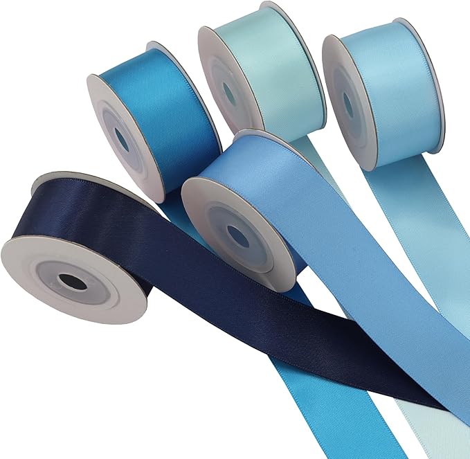 Double-Face Blue Satin Ribbon for Gift Wrapping, Wedding, Baby Shower, Boy 6 Colors Satin Ribbon 1" X 5 Yard Each Total 30 Yds Per Package