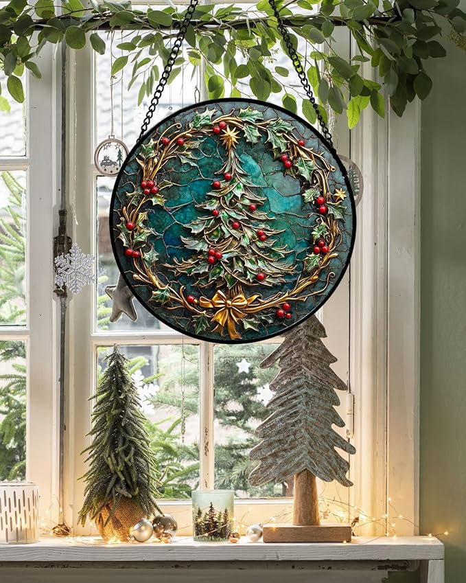 Stained Glass Window Hangings - Red Gold Green Wreath Suncatcher for Door Home Christmas Tree Decoration Sun Catcher Thanksgiving New Year Birthday Gift for Women Men Mom Grandma 9.8 in