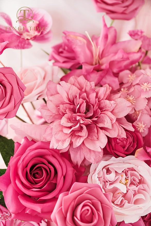 TINGE TIME 17 Inch Artificial Bridal Bouquet Realistic Silk Wedding Bouquet, Durable Fake Flowers for Brides, Bridesmaids, Home Decor, and Events (Hot Pink)