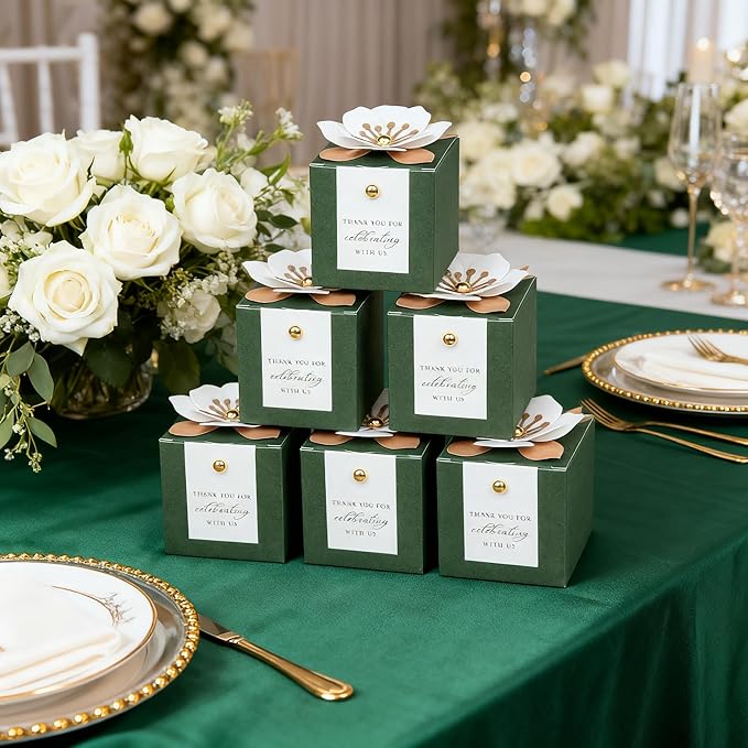 FEIYI 20 PCS Candy Boxes, 3 In 1 Olive Green Favor Boxes with Floral Decor, White Thank You Tags Gift wrapping for Wedding Birthday Baby Shower Decorations Party -2.55x2.55x2.55''