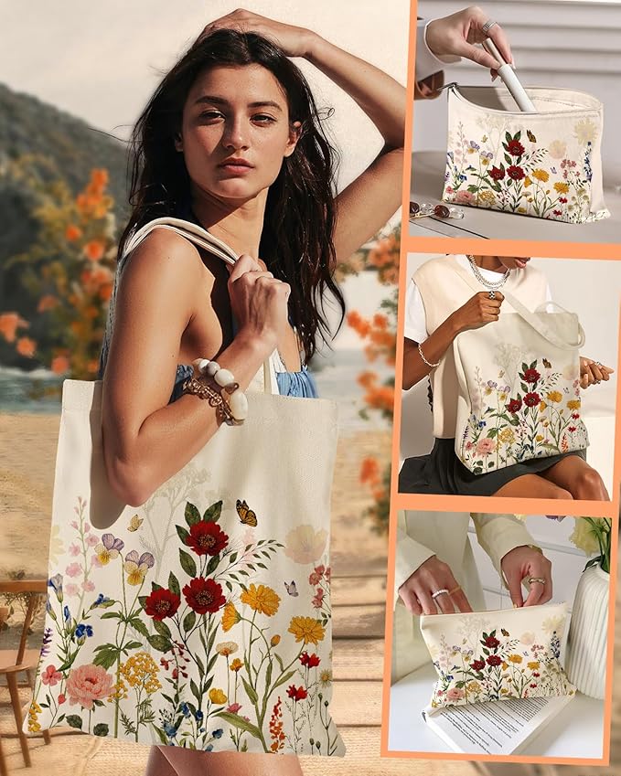 2 Pack Canvas Tote Bag - with Makeup Pouch Aesthetic Cute Women Reusable Canvas Bag for Shopping, Work, Travel