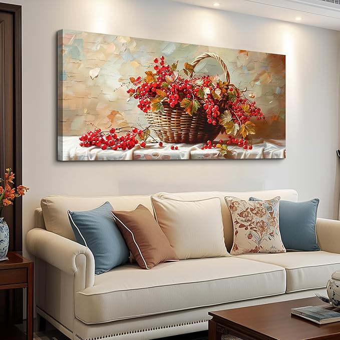 hyidecorart Large Canvas Print Wall Art Rustic Dining Room Artwork For Walls Still Life Bamboo Basket And Fruit Vintage Wall Decor Modern Pictures For Living Room Kitchen Bar Paintings Ready To Hang