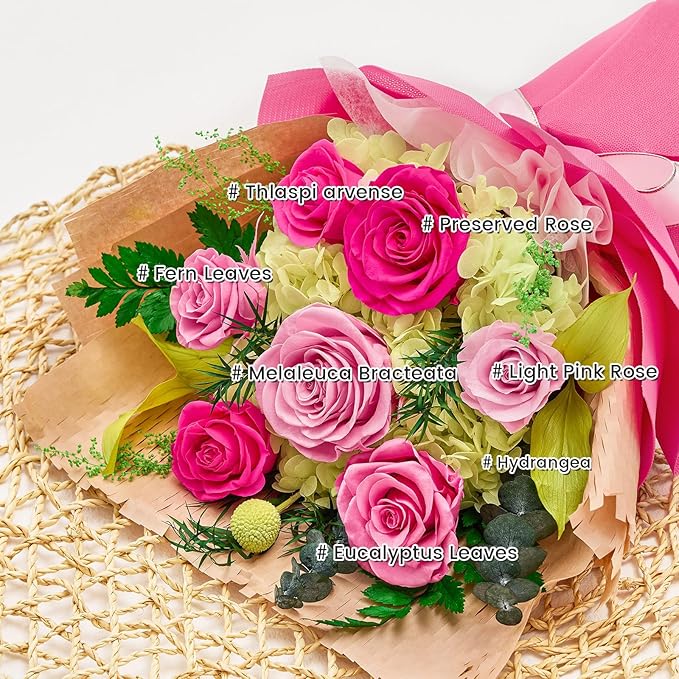 Forever Flowers Gifts for Her, Preserved Flowers Bouquet Birthday Gifts for Women, Preserved Roses for Grandma Wife Anniversary Valentine's Day Mother's Day (7Roses, Hot Pink)