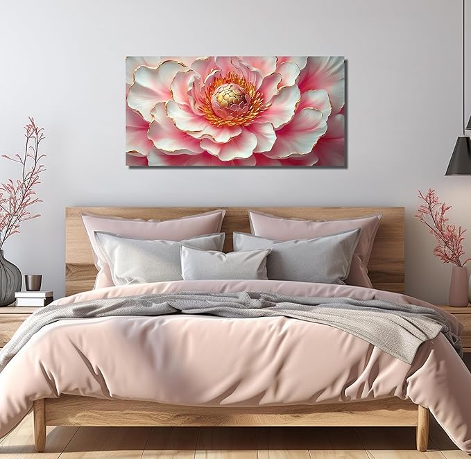 Pink & White Peony Floral Canvas Wall Art with Gold Accents, Abstract Flower Pictures for Living Room Bedroom Wall Decor, Printed Painting Artwork Home Decorations, Size 40x20 Inches - Ready to Hang