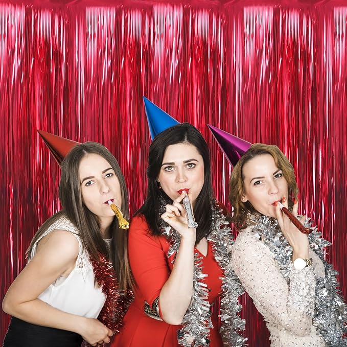 GOER 3.2 ft x 9.8 ft Metallic Tinsel Foil Fringe Curtains Party Photo Backdrop Party Streamers for Birthday,Graduation,New Year Eve Decorations Wedding Decor (4 Pcs,Burgundy)