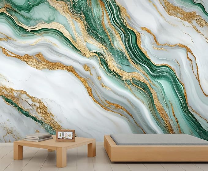 Green Gold Marble Wall Mural, Elegant Marble 3D Wall Murals, Luxury Stone Texture Wallpaper Mural, for Living Room Bedroom Large Wallpaper Indoor Decor 98.4" W x68.9 H