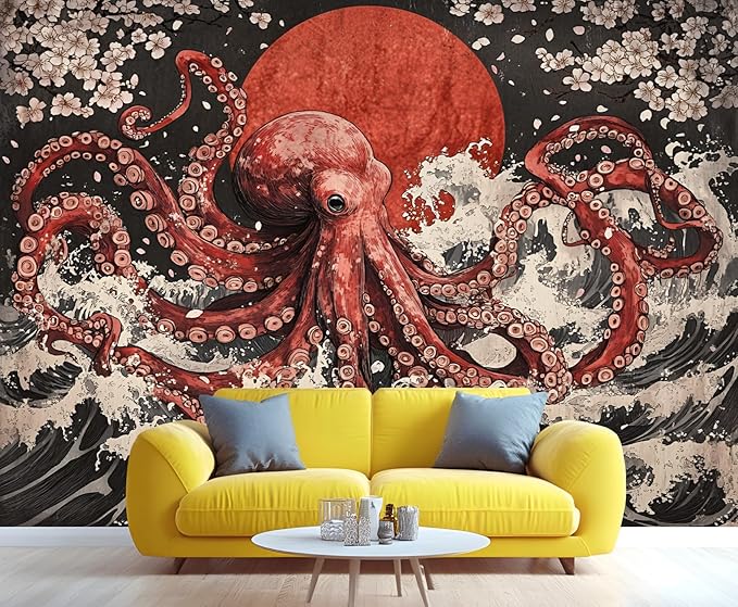 Japanese Wave Octopus Wall Mural, Japanese Traditional 3D Wall Murals, Ocean and Octopus Wallpaper Mural, for Living Room Bedroom Large Wallpaper Indoor Decor 177.16" W x120 H