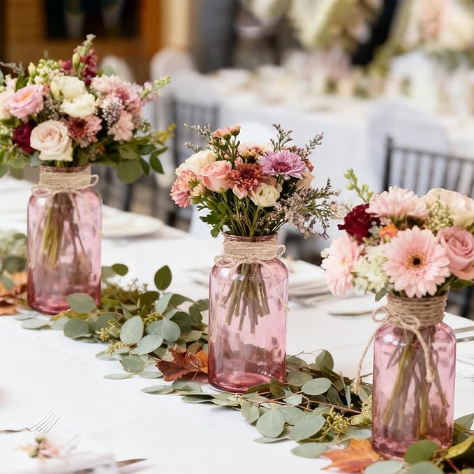 Vintage Glass Flower Vase，6 Pack Pink Farmhouse Glass Centerpiece Vases Mason Jars for Weddings, Parties & Home Decor Bulk (6, Pink)