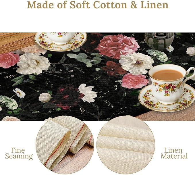 Floral Table Runner,Vintage Gothic Flowers Plant Prints Table Runner for Home Kitchen Table Decor Dining Coffee Room Party Decor 13x120 Inch