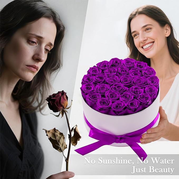 27 Forever Roses in Luxury White Box, Eternal Real Roses Gift for Women, Preserved Flowers for Delivery Prime, Anniversary, Valentine's Day, Birthday for Her (Purple)