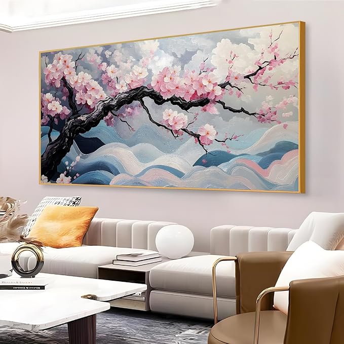 Japanese Cherry Blossom Canvas Wall Art, Sakura Tree Canvas Print, Pink Floral Pictures, Cherry Blossom Tree Wall Art, Flower Branch Decor, Nature Prints for Living Room (Black Framed, 71"x35" | 180x90cm)