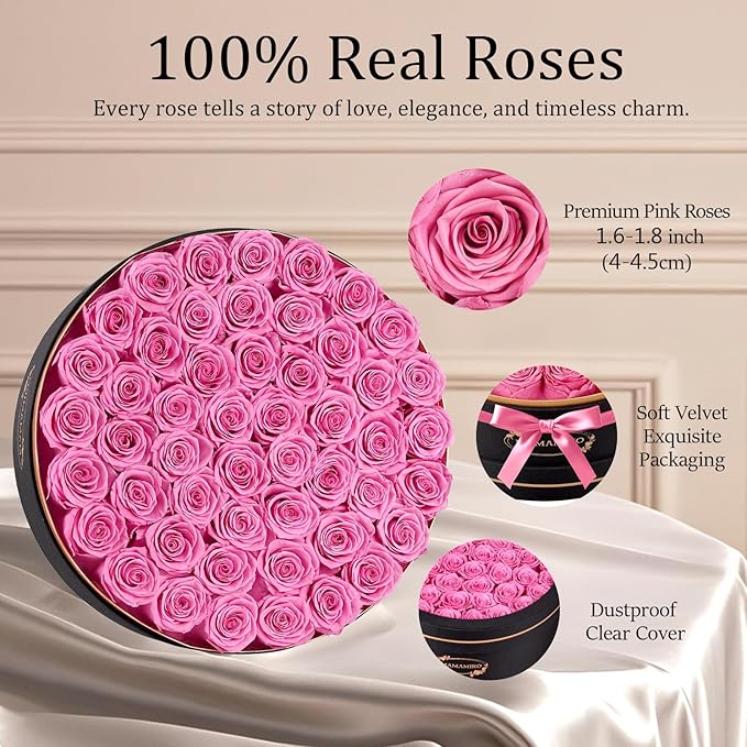 50 Preserved Roses in a Gift Box for Her - Forever Flowers for Delivery, Eternal Rose Mothers Gifts for Mom, Wife Anniversary Birthday Gifts for Women, Pink