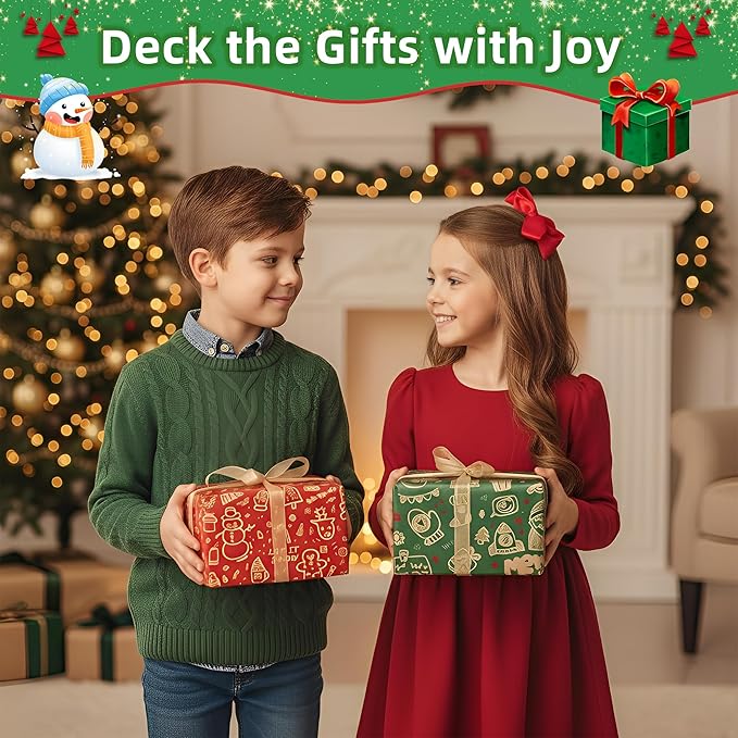 Anvure Christmas Wrapping Paper (4 Rolls: 147.24 sq. ft. ttl.) Kraft Set Featuring Santa Claus, Snowman & Xmas Presents, Red & Green Holiday Designs for Gift Wrap 29.92 Inch X 14.76 Feet Per Roll