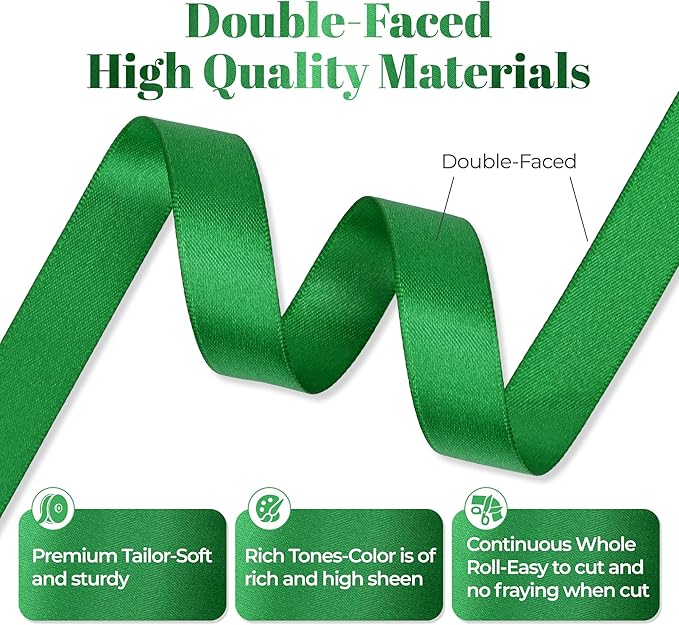 Green Satin Ribbon, Double Faced 5/8 Inch X 25 Yards Green Ribbon, Premium Satin Ribbon for Gift Wrapping, Crafts, Hair Bow Making, Sewing, Flower Bouquet, Wedding Party Decor
