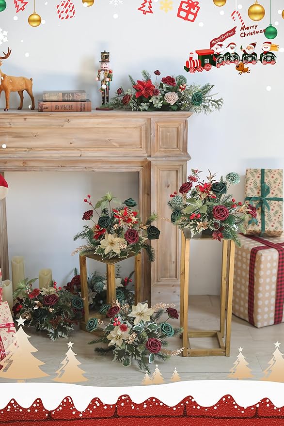 Serra Flora Artificial Christmas Flowers Greenery Combo Box Set Faux Flowers Bulk Flower Leaf with Stems for DIY Tree Ornaments Xmas Wreath Floral Arrangements Centerpieces