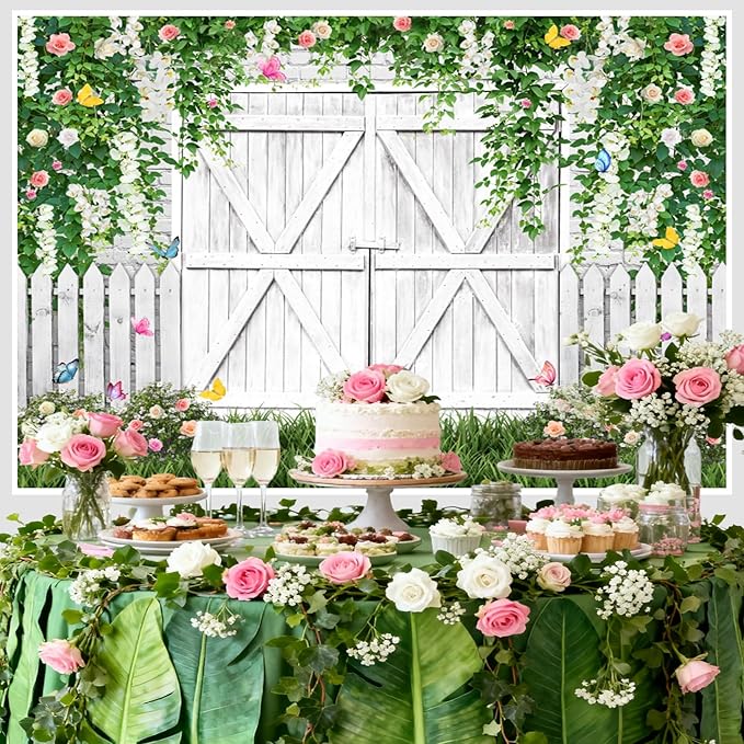 AOFOTO White Barn Door Floral Backdrop 7x5ft Spring Garden Background Banner Green Leaves Flowers Butterfly Wooden Door Backdrops Birthday Bridal Shower Wedding Banner Photo Booth Studio Props