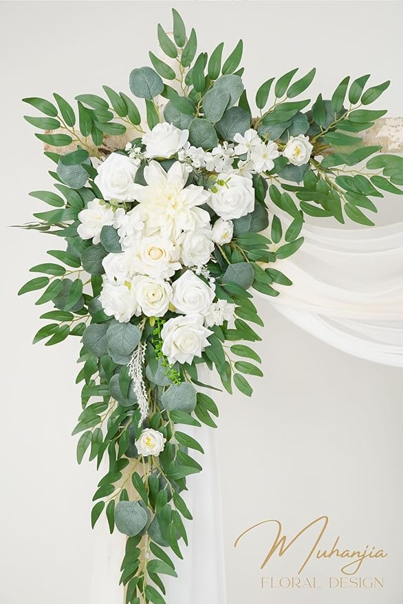 Artificial Arch Flowers Kit(Pack of 4),2Pcs Artificial Flower Arch Decor, 2Pcs Drapes, Ceremony and Reception Background Rose Decoration, White Champagne Floral Party and Outdoor Decor