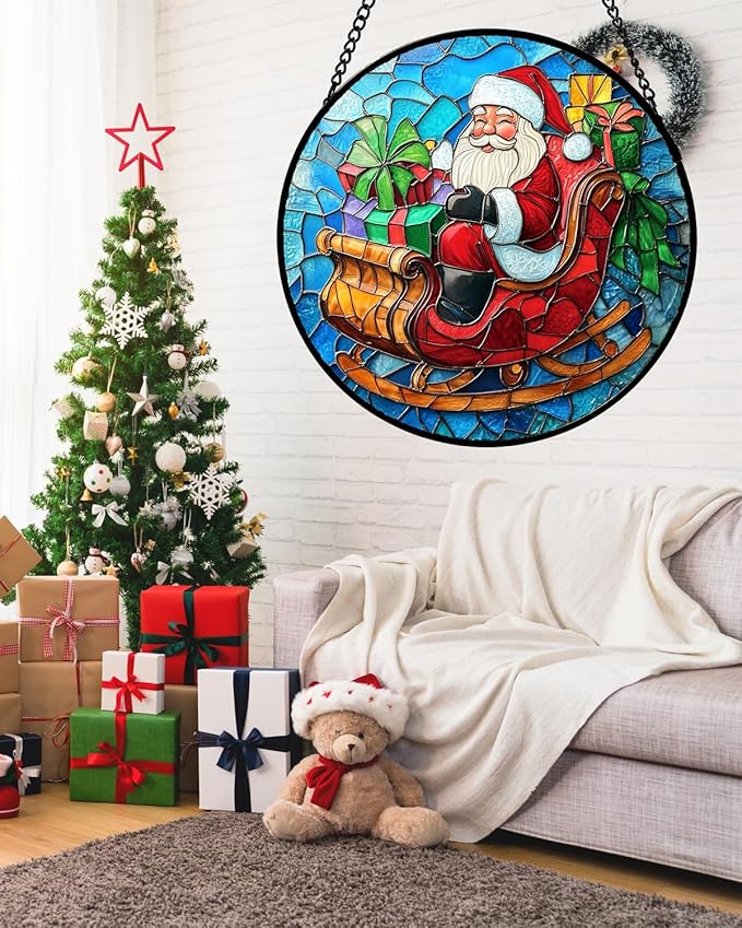 Stained Glass Window Hanging - Red Santa Claus Gift Box Suncatcher for Doors Home Christmas Decoration Winter Sun Catcher Thanksgiving New Year Birthday Gift for Women Men Mom Nana 6.3 in