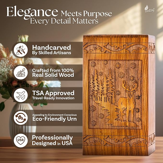 INTAJ Handcarved Rosewood Deer Keepsake Urn for Human Ashes - Mini 20 lbs Capacity Forest Scene Wooden Cremation Urn Box for Sharing Infant - Decorative Wildlife Memorial Casket Secure