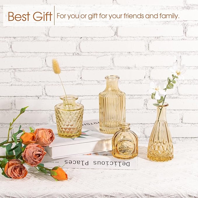 Gold Amber Glass Bud Vases Set of 12, Small Vases for Flowers, Champagne Mini Vintage Vases for Centerpieces,Bud Vase in Bulk for Wedding Decor,Single Flowers,Office and Home Table Flower Décor