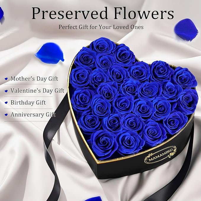 27 Preserved Roses in Heart Shape Gift Box for Her - Forever Flowers for Delivery, Eternal Rose Mothers Gifts for Mom, Wife Anniversary Birthday Gifts for Women, Blue