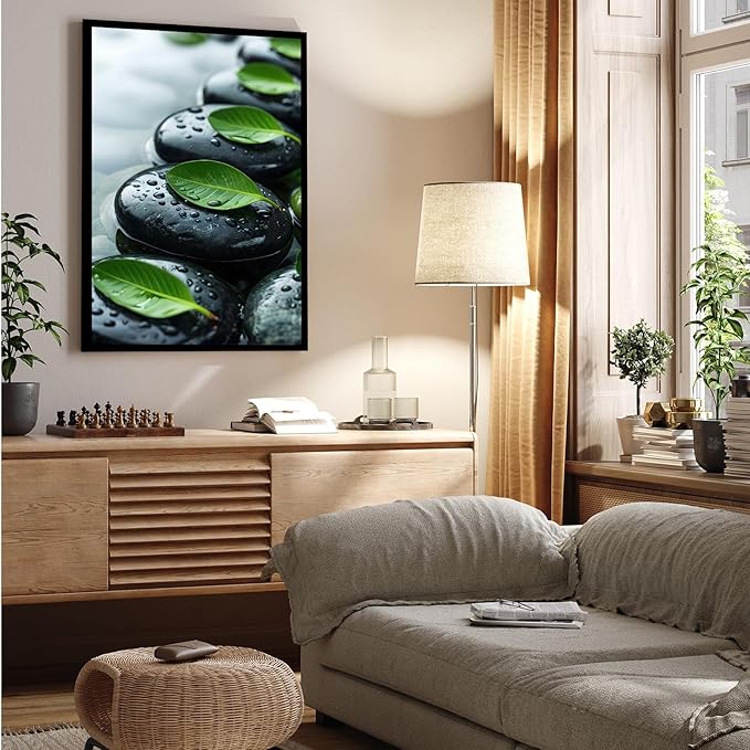 Glittering black stone cluster with fresh green leaves and water drops poster tranquil mist rain wall art zen wall art suitable for modern minimalist home decor 12x18in Metal blackFramed