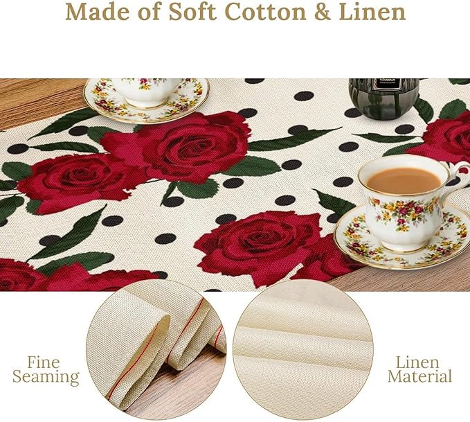 Red Rose Print Table Runner, Romantic Valentines Vintage Rose Spring Summer Dinner Runner Table Decoration for Home Kitchen Dining Holiday Wedding Party 13x70in