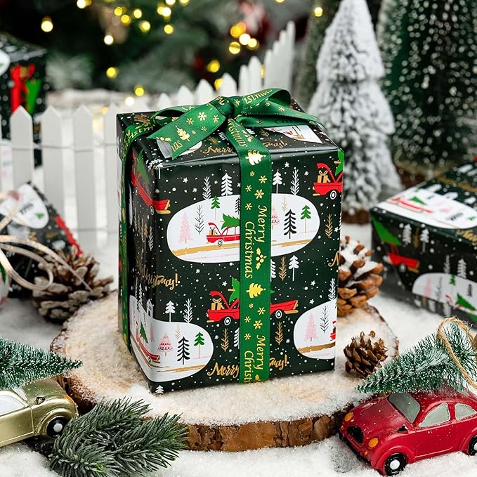 MAYPLUSS Green Christmas Wrapping Paper - 17In x 33 Feet - Truck, Christmas Tree Xmas Gift Wrapping, Gold Foil Wrapping Paper for Holiday, Party, Birthday New Year Gift Wrapping Paper,Mini Roll