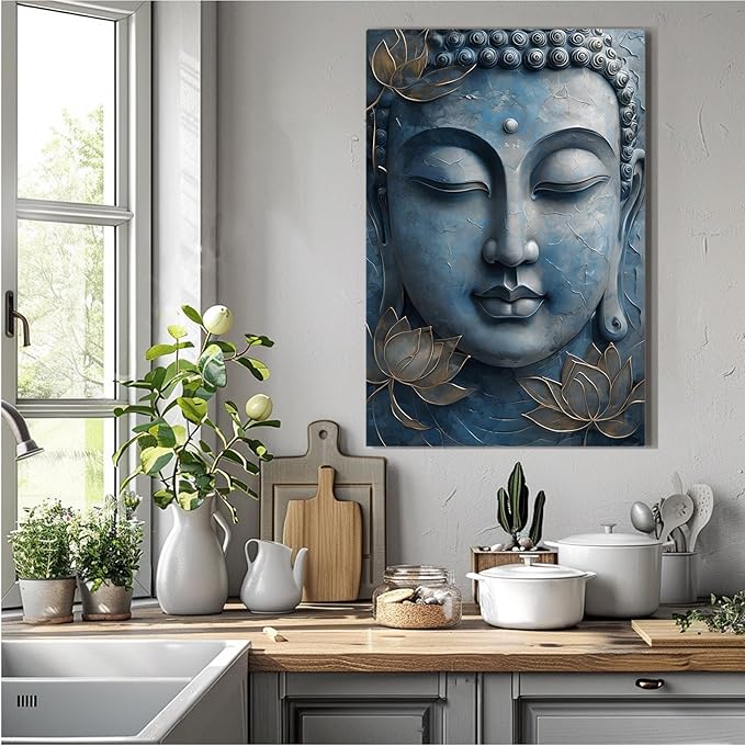 Canvas wall art Golden lotus crown Serene Buddha poster Ethereal blue toned art with delicate floral decor Zen wall art for a tranquil meditation space 8x12in Wood Framed