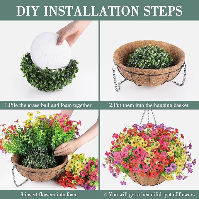 Artificial Flowers Hanging Plants in Basket,Artificial Hanging Flowers for Outdoor Indoor Decor,UV Resistant Hanging Baskets with Fake Flowers for Patio Garden Porch Deck Decoration