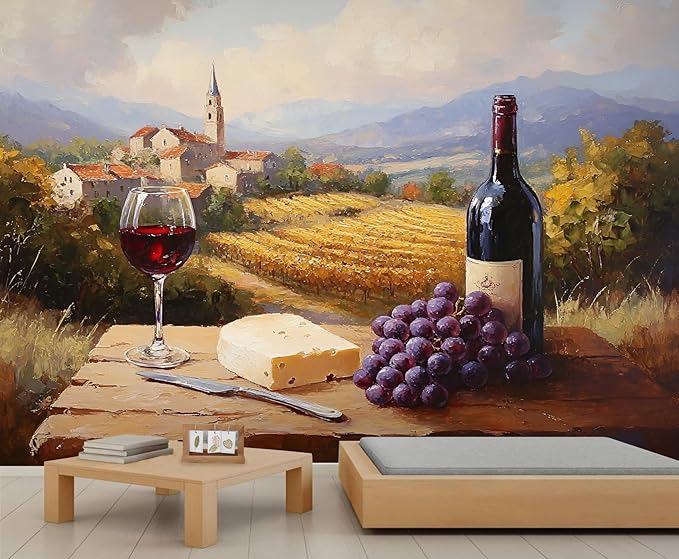 KIREUPA Tuscany Vineyard Wall Mural, Countryside Winery Scene 3d Wall Murals, Italian Rural Landscape Wallpaper Mural, for Living Room Bedroom Large Wallpaper Indoor Decor 118" W x 82.6 "H